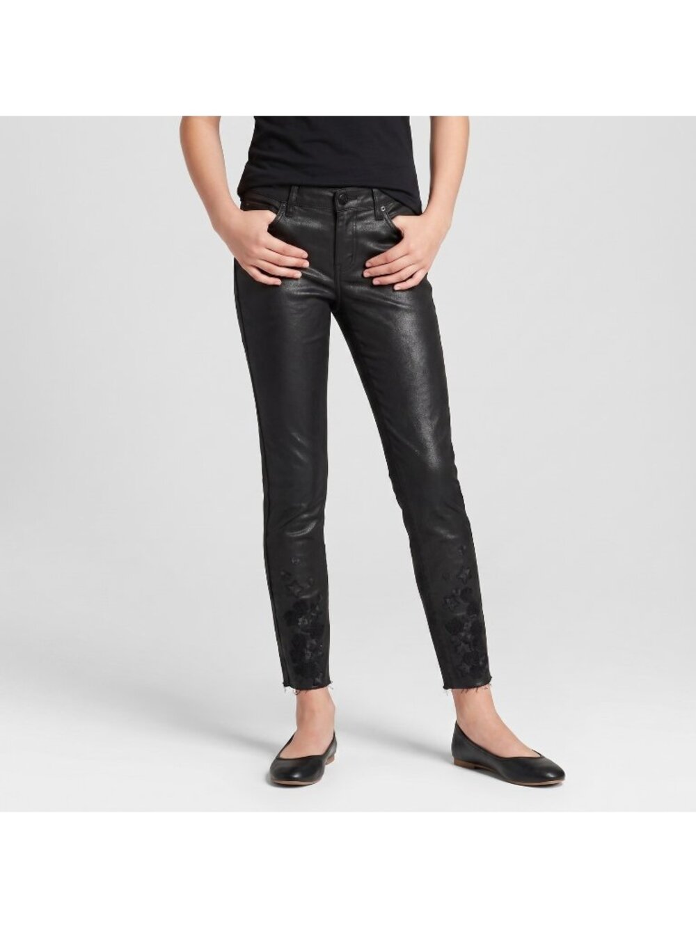 Tractr Girl's 3D Mini Floral Coated Finish Black Skinny Jeans Pants size 14 NWOT